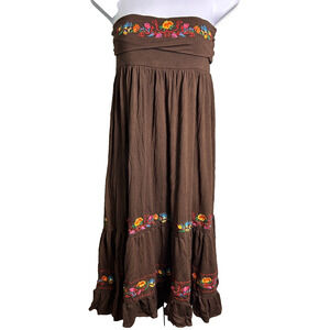 Vintage 90s Lapis Embroidered Sleeveless Boho Midi Dress Womens L Brown Foldover